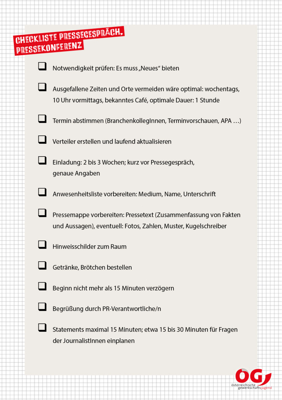 Checkliste Pressegespräch, Pressekonferenz